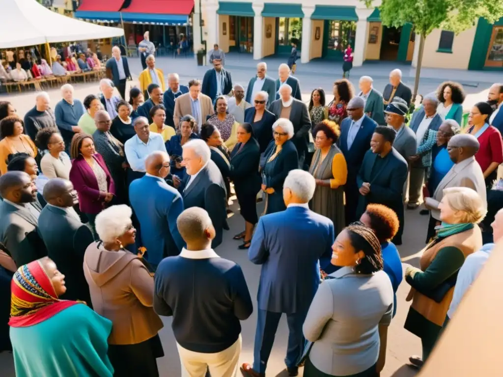 Una plaza llena de diversidad, ciudadanos participando en evaluación de políticas con sentido de unidad y colaboración