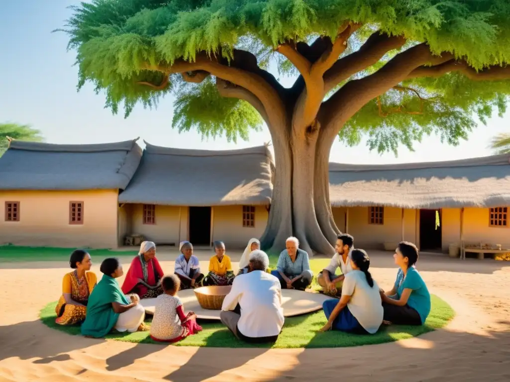 El poder del storytelling en campañas email para ONGs: un narrador cautiva a una diversa audiencia bajo un árbol en una comunidad rural