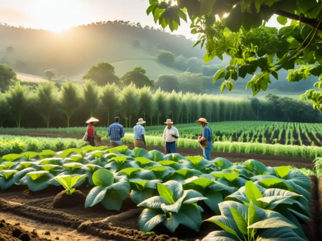 Prácticas ecoamigables en agricultura sostenible: Agricultores y expertos trabajan en armonía con la naturaleza en una granja biodiversa y exuberante