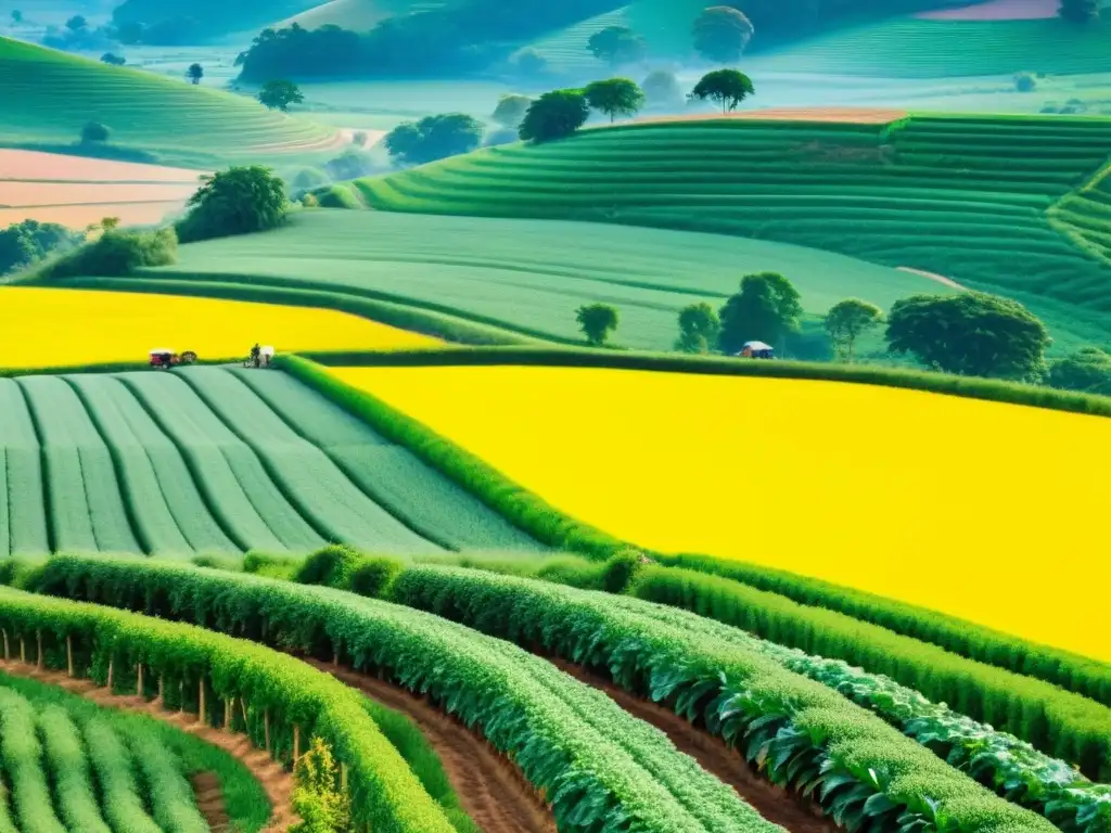 Prácticas ecoamigables en agricultura sostenible: agricultores trabajando en un paisaje agrícola vibrante y sostenible bajo la cálida luz del sol