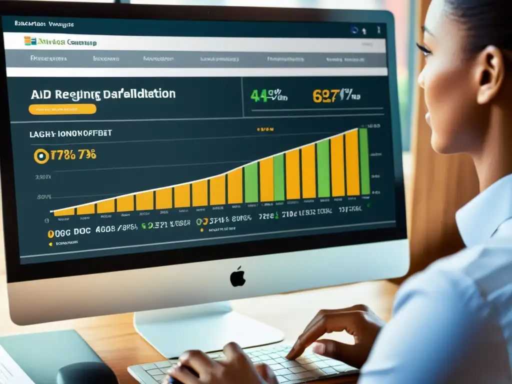 Análisis de retargeting para ONG: precisión y dedicación Un profesional enfocado en una estrategia efectiva de retargeting para ONGs, con gráficos detallados y ad placements específicos en la pantalla