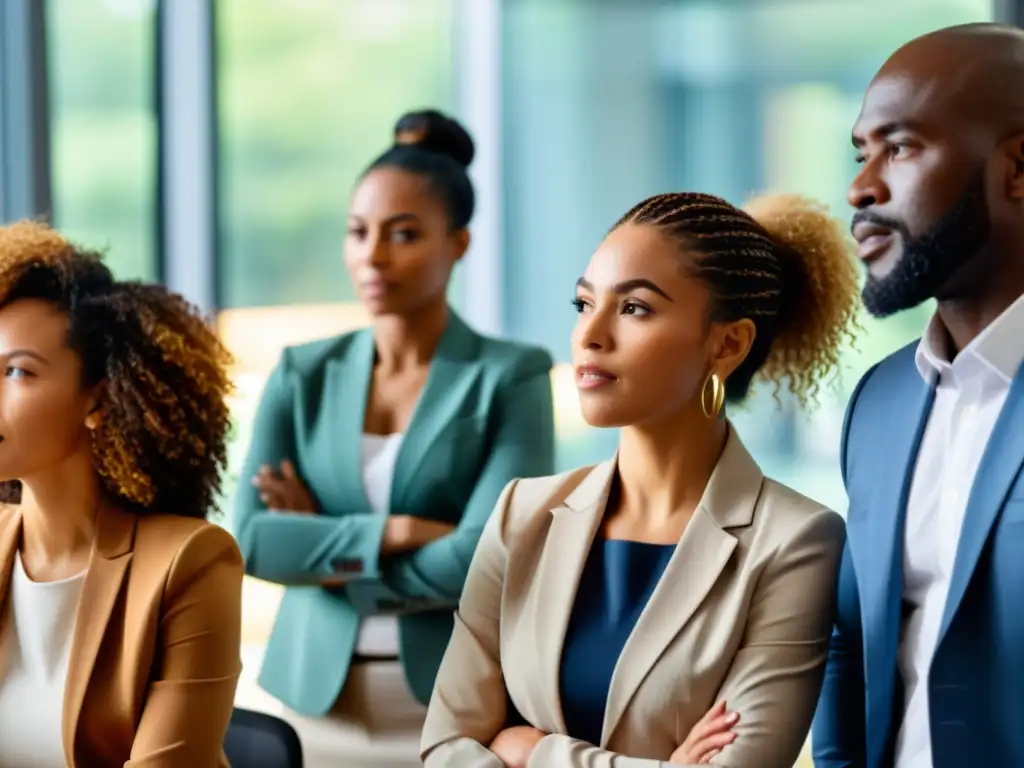 Profesionales diversos conversan sobre 'Combatir acoso y discriminación laboral' en un ambiente de trabajo inclusivo