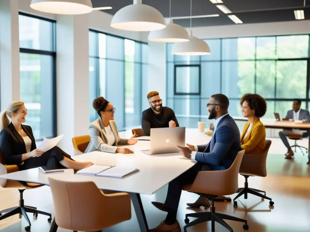 Profesionales diversos colaboran en una animada discusión en una oficina moderna