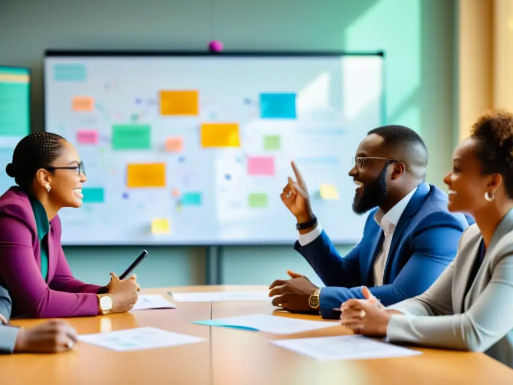 Profesionales colaboran en una animada reunión, discutiendo estrategias y contenido de e-learning para ONGs