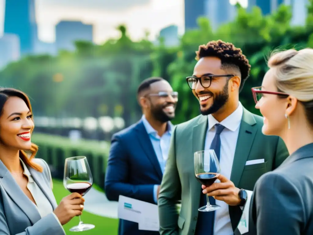 Profesionales en un animado evento de networking con la ciudad de fondo