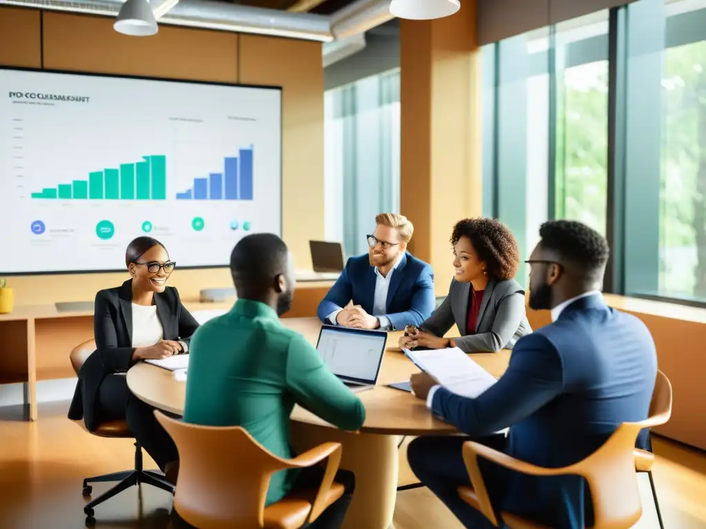 Profesionales preparando auditoría externa ONG en oficina moderna y luminosa, con determinación y colaboración palpables