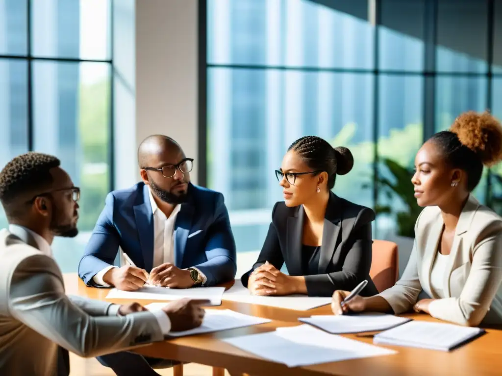 Profesionales en brainstorming estratégico para desarrollo de carrera en ONGs, mostrando colaboración e innovación