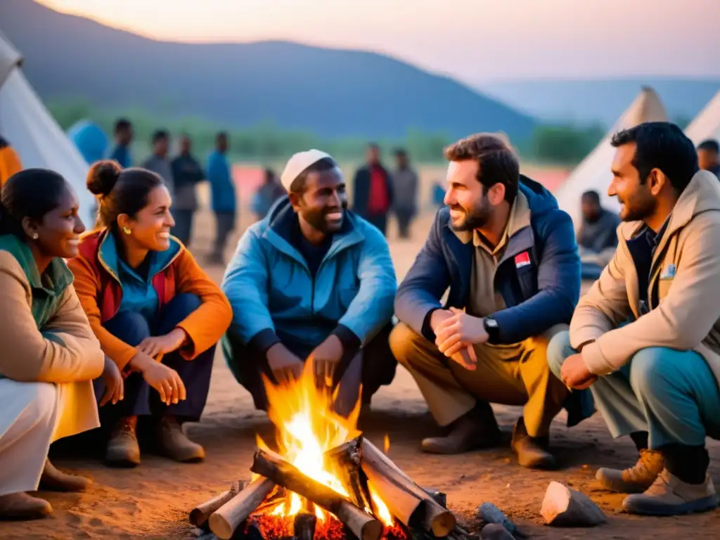 Profesionales en campamento humanitario, planeando estrategias de intervención y apoyo en traumatismo humanitario