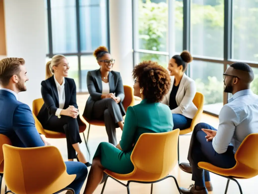 Profesionales en círculo, discusión animada, ambiente cálido