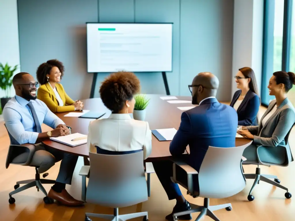 Profesionales colaborativos discuten ideas en una moderna sala de conferencias