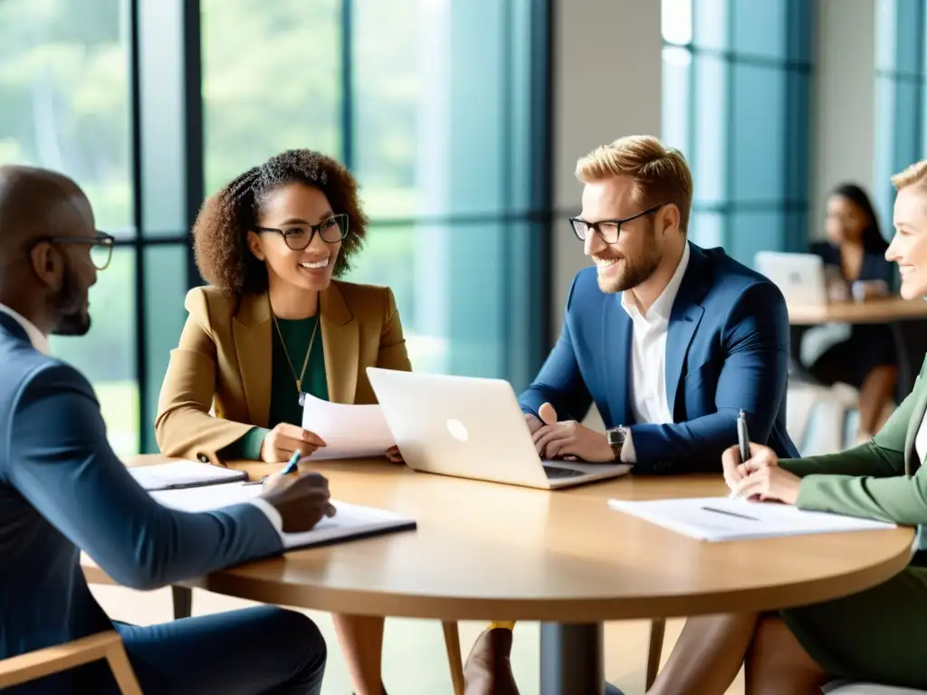 Profesionales colaborativos en reunión, intercambiando ideas y trabajando juntos en un ambiente luminoso y moderno