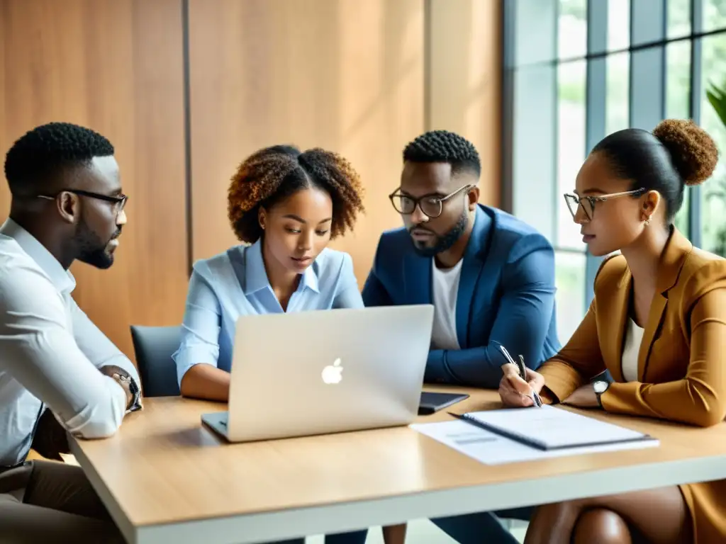 Profesionales analizando datos con determinación en ambiente cálido y colaborativo