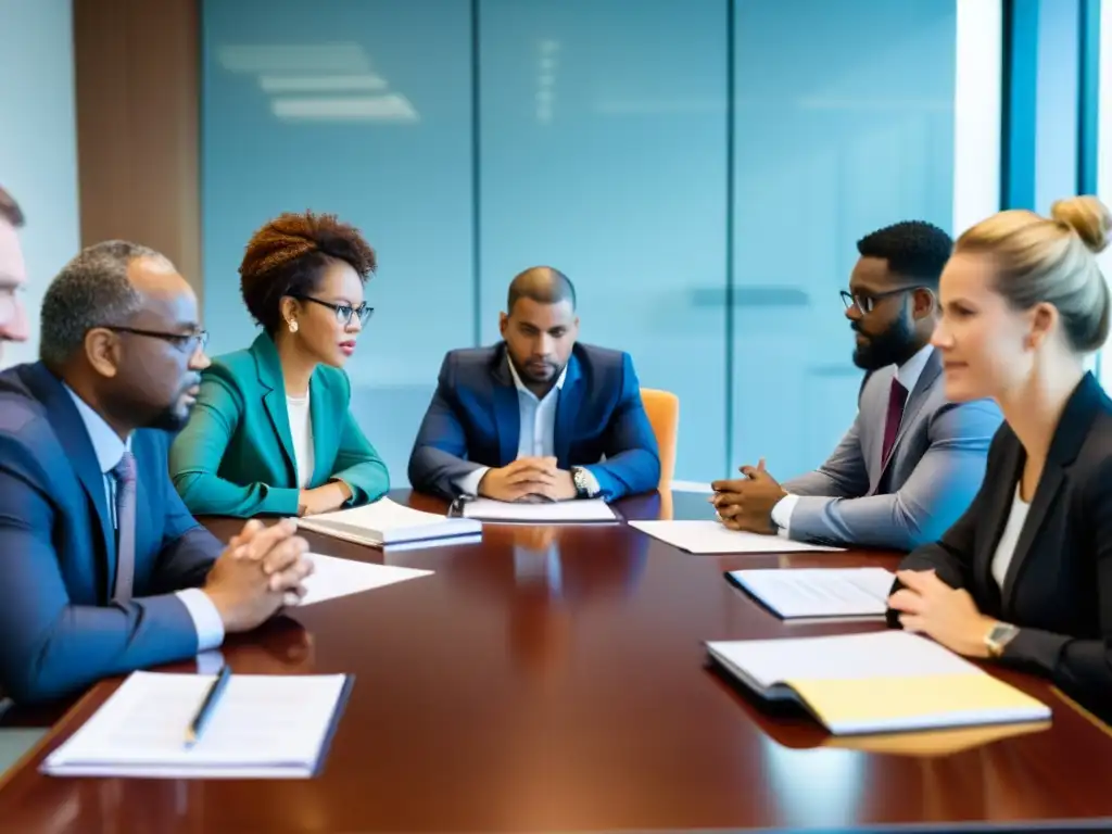 Profesionales debatiendo gestión ética ONGs derecho internacional en mesa de conferencias