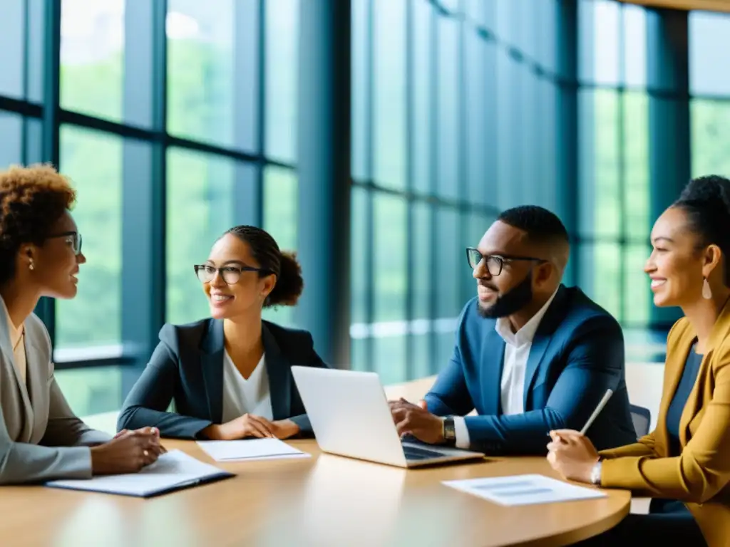 Profesionales de ONG discuten protección reputación en era digital, reflejando diversidad y colaboración en moderna oficina