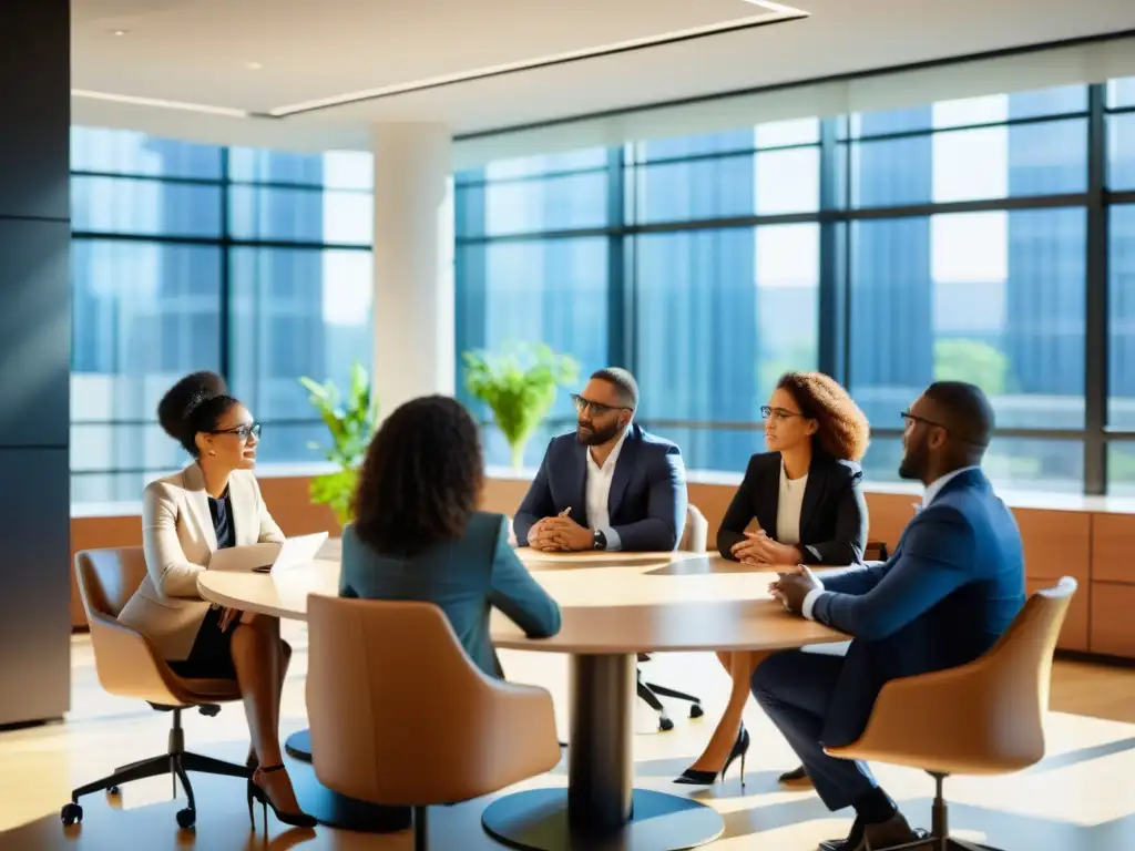 Profesionales diversas colaboran en estrategias para combatir acoso y discriminación laboral en una oficina moderna