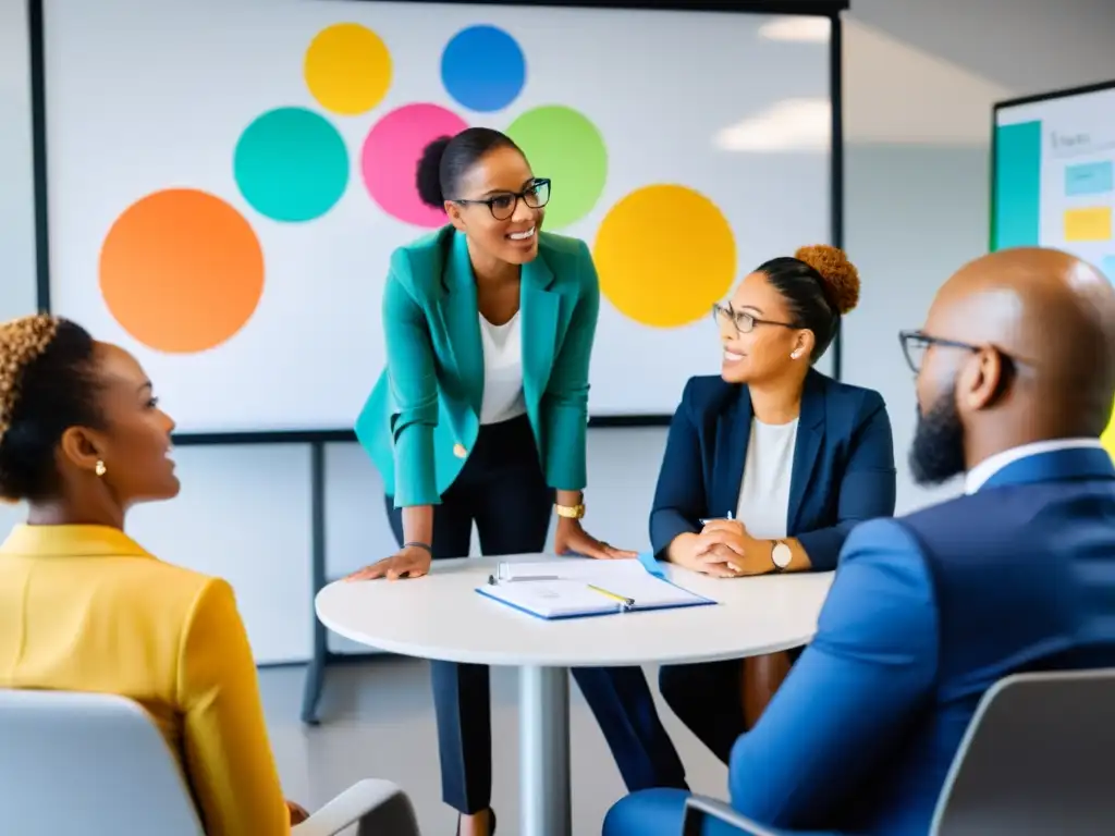 Profesionales diversificados discuten gestión del cambio en ONGs con intensidad y determinación en una sala de reuniones moderna y luminosa