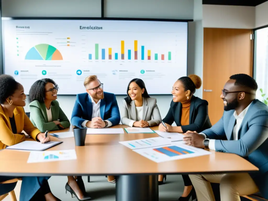 Profesionales diversificados analizan datos con determinación en una sala luminosa