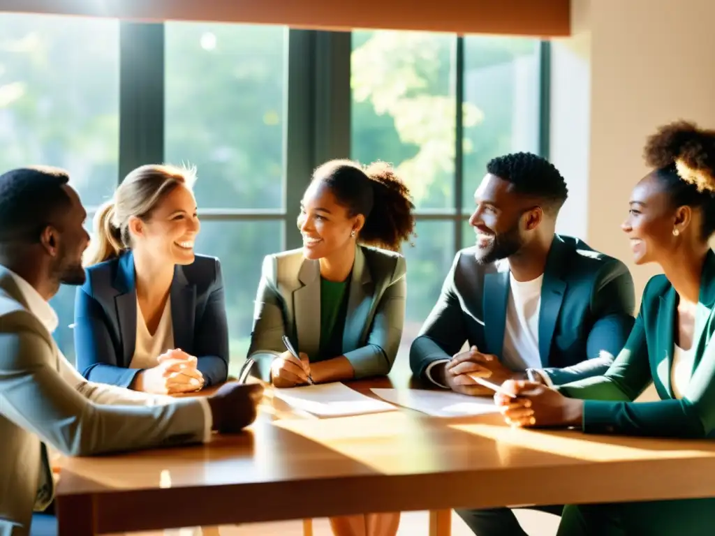 Profesionales diversificados colaborando en una discusión amena