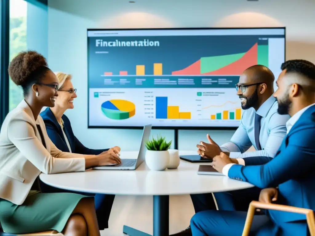 Reunión estratégica de profesionales en crisis financiera Profesionales diversificados discuten estrategias financieras para ONGs en crisis, reflejando determinación y colaboración