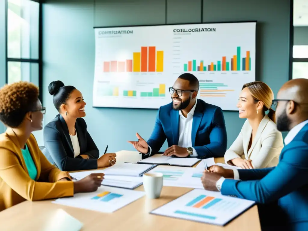 Equipo experto en estrategias financieras para ONG Profesionales diversificados discuten estrategias financieras para ONGs en una oficina moderna y luminosa