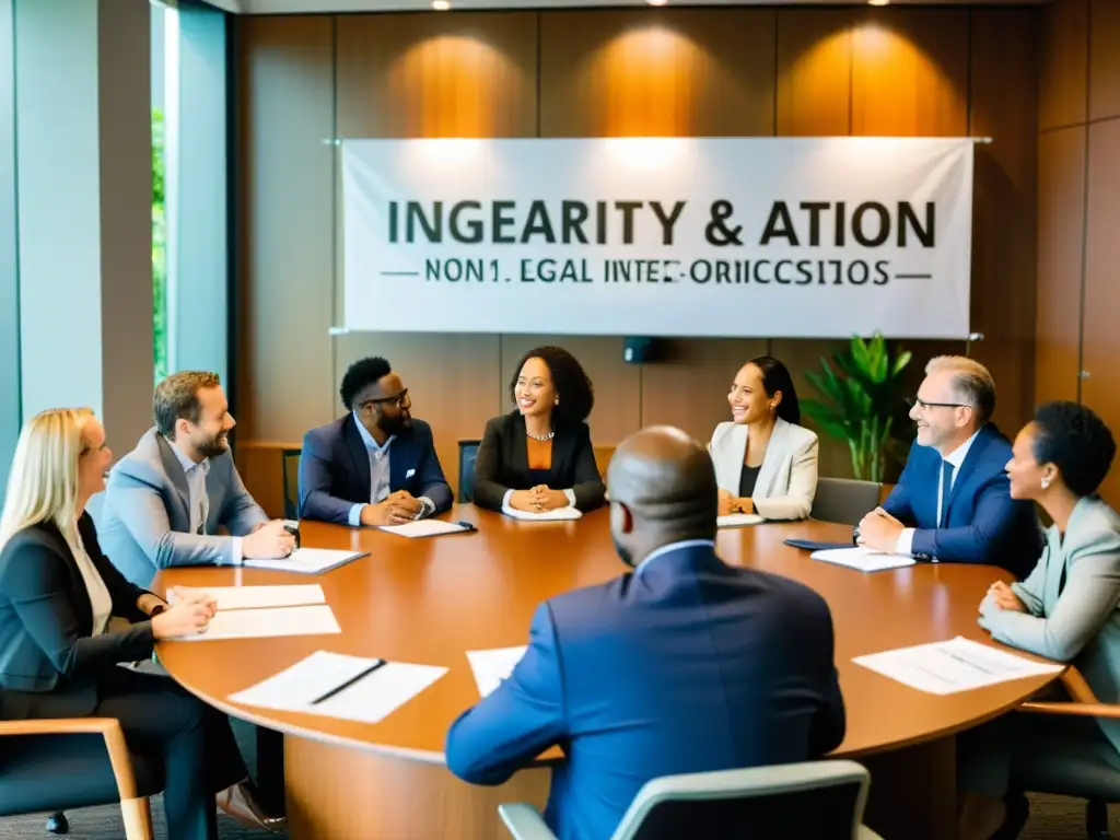 Profesionales diversificados discuten estrategias prevención conflictos interés ONGs en sala iluminada con lema 'Integridad y Ética en Acción'