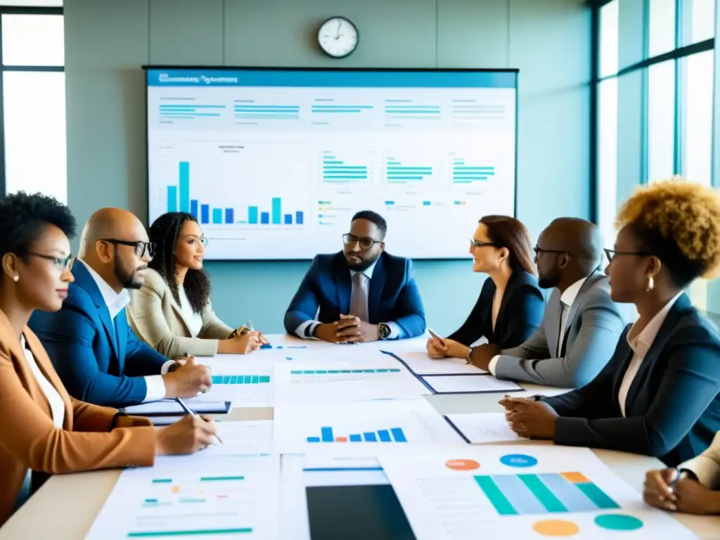 Profesionales diversificados colaboran en mesa larga, discutiendo e ideando estrategias para implementar sistemas de calidad en ONGs