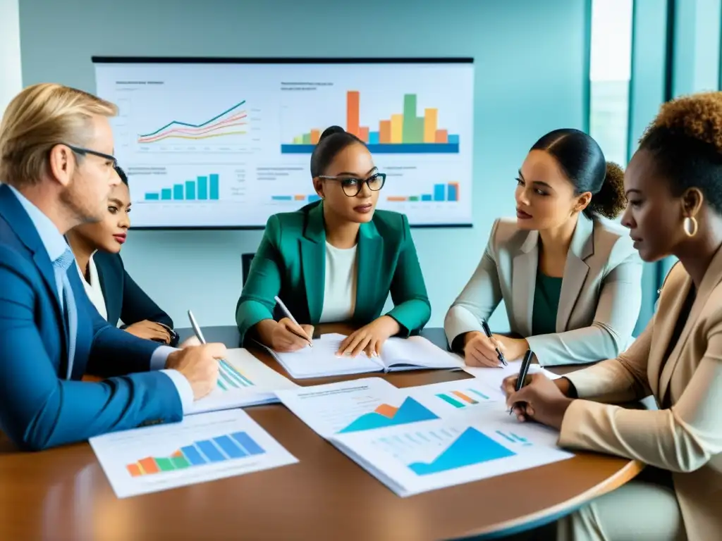Profesionales diversificados discuten planes de contingencia financiera para ONGs, colaborando en un ambiente serio y enfocado