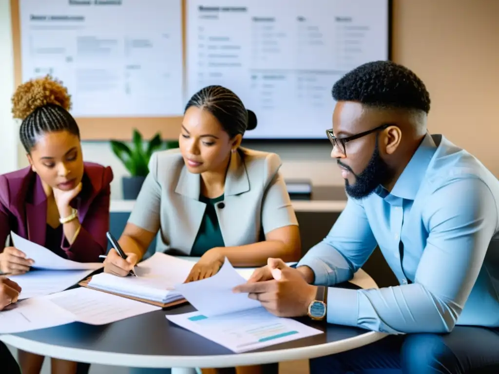 Profesionales diversificados planeando proyectos de impacto social con intensidad y determinación en una sala moderna y luminosa