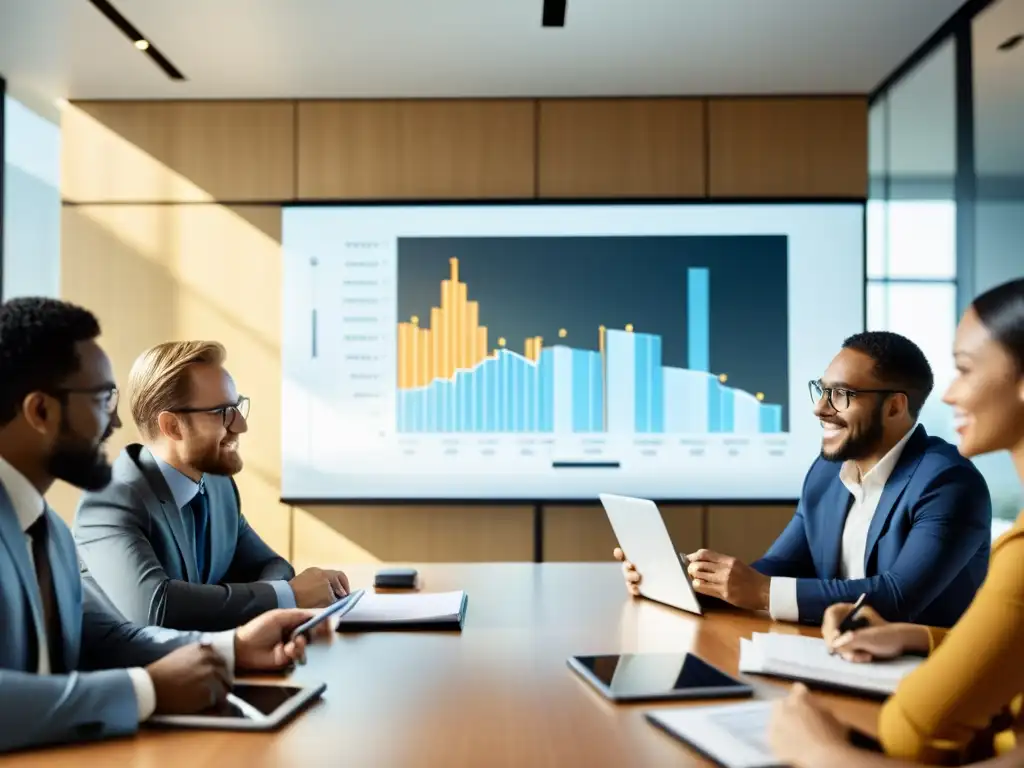 Profesionales diversificados colaboran en una reunión, mostrando datos en una tableta