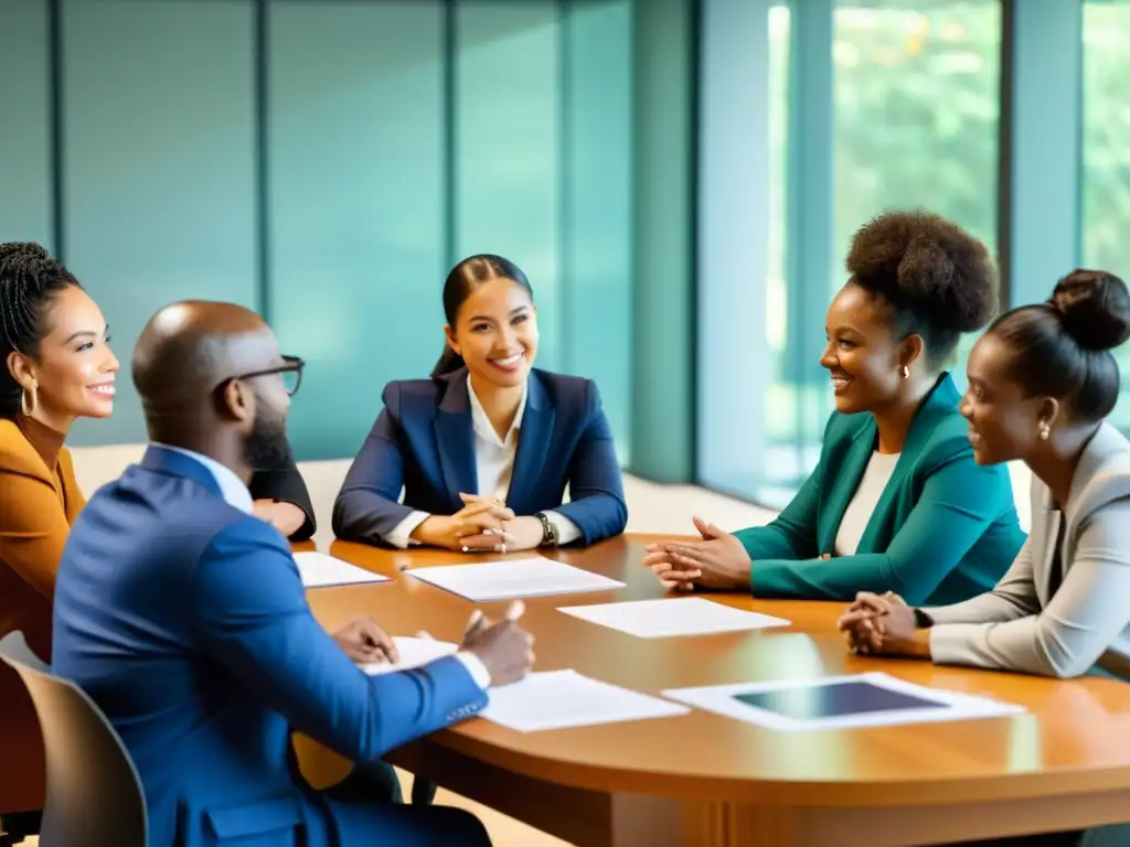 Profesionales diversos superando barreras en cooperación internacional en una animada negociación multicultural