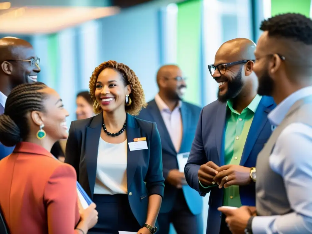 Conversación dinámica en evento de networking para ONGs Profesionales diversos se conectan en evento de ONGs, transmitiendo colaboración y entusiasmo