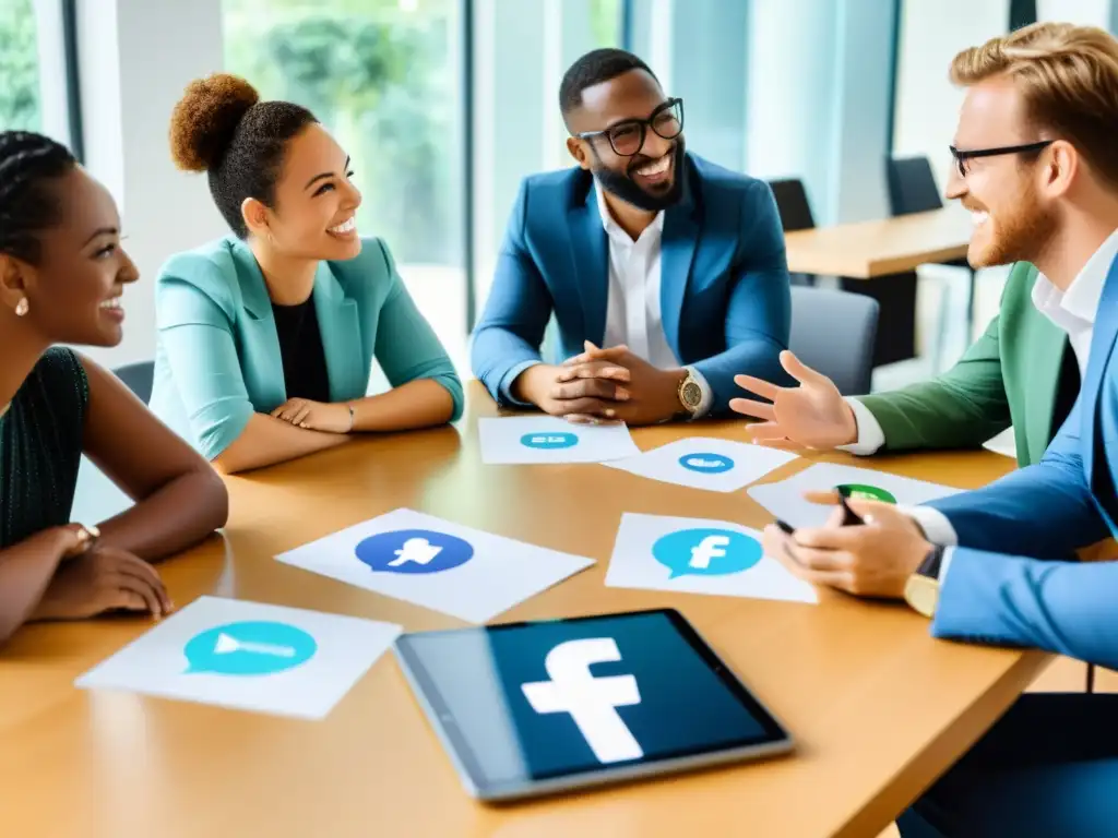 Profesionales divers@s debatiendo estrategias redes sociales ONG con entusiasmo y expertise en una sala llena de luz natural