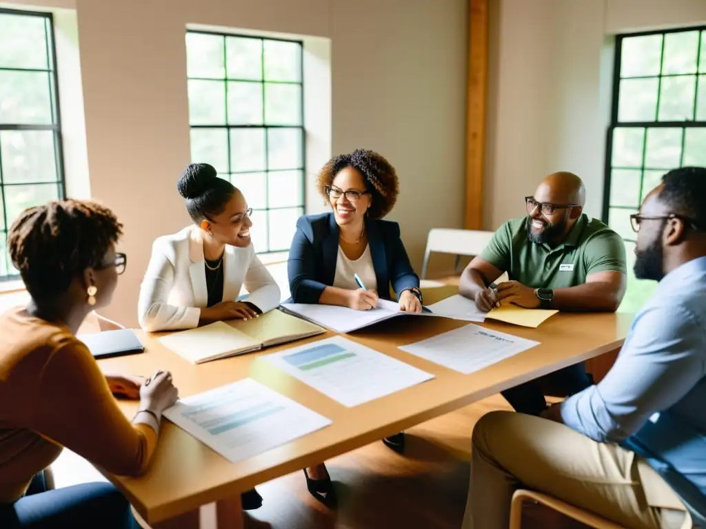 Profesionales diversxs colaboran en proyecto de políticas sociales para ONG, en una atmósfera cálida y llena de determinación