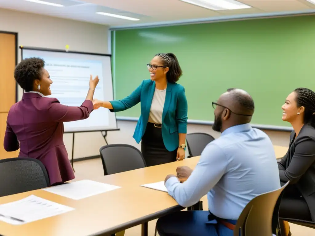 Profesionales y entrenador dinámico lideran capacitación profesional para ONGs en aula con luz natural y participantes diversos