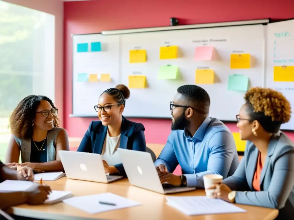 Profesionales de ONG colaboran en equipo para mejorar equilibrio vida laboral, rodeados de luz natural y creatividad en una reunión de trabajo