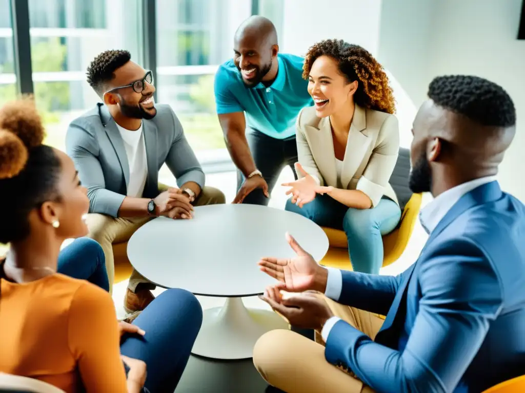 Profesionales colaborando en equipo, discutiendo y generando ideas en una oficina moderna con entusiasmo y determinación