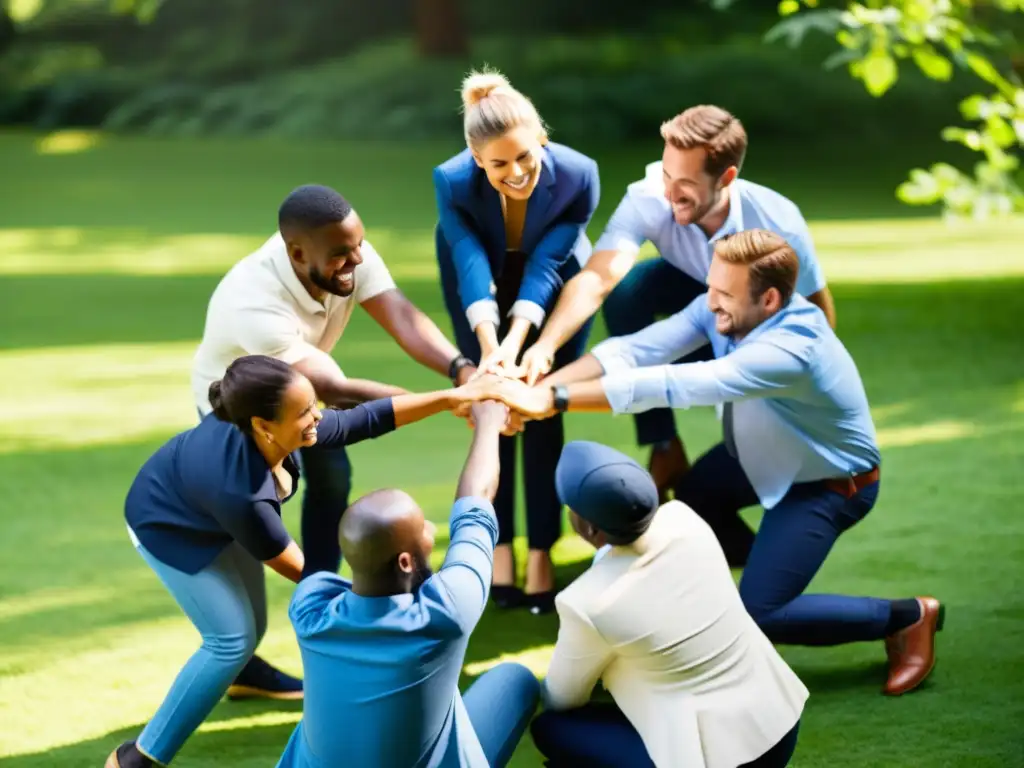 Profesionales colaborando en equipo en un parque, transmitiendo unidad y propósito en talleres de trabajo en organizaciones sin fines lucro