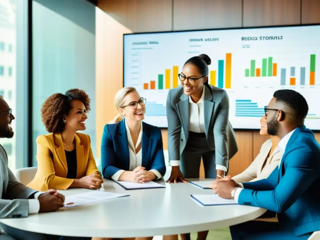 Profesionales debaten estrategias financieras para ONGs con determinación e entusiasmo en una sala luminosa