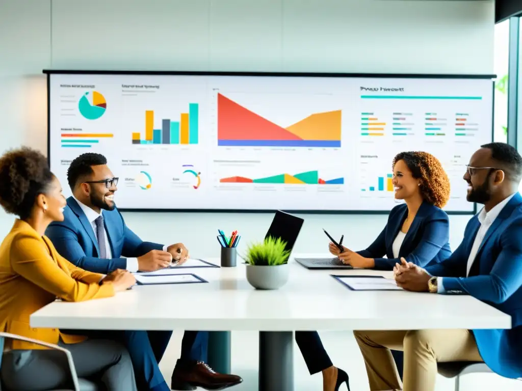 Profesionales colaborando en estrategias de gestión de proyectos sin ánimo de lucro en una sala llena de gráficos y diagramas