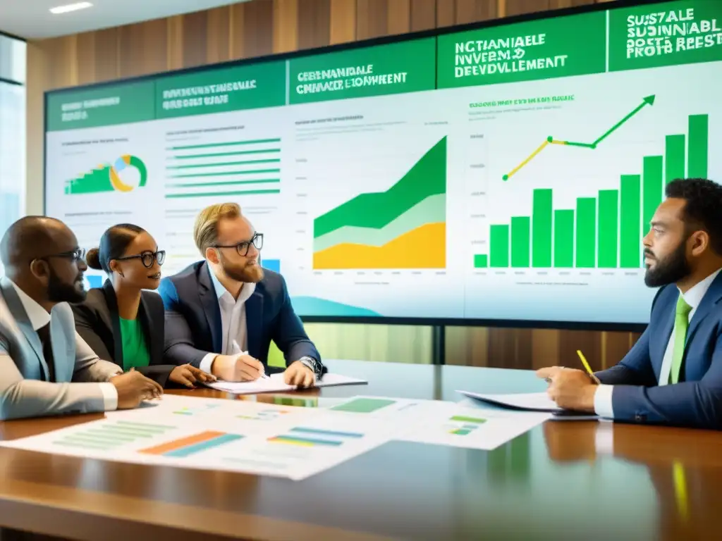 Profesionales debaten estrategias de inversión sostenible en una sala luminosa