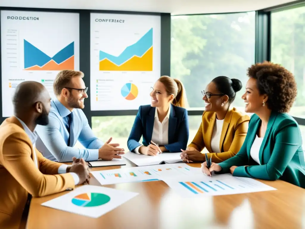 Profesionales de ONG colaboran en planificación estratégica para fundraising, rodeados de gráficos, en una sala llena de energía de equipo y propósito