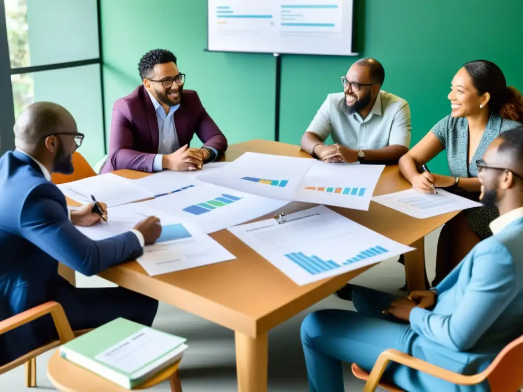 Profesionales colaborando en la evaluación de impacto social, mostrando pasión y dedicación