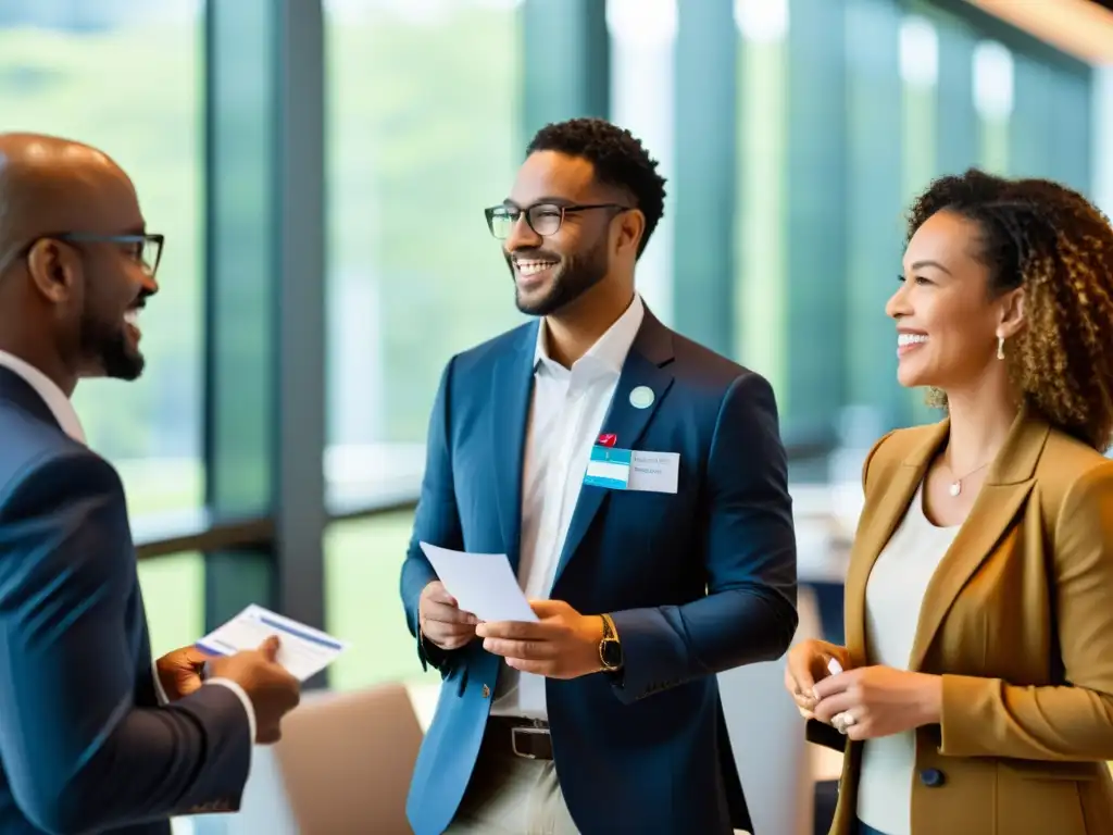 Profesionales en evento de networking, intercambiando ideas y tarjetas de negocio