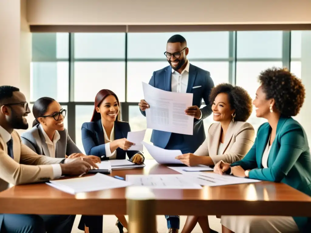 Profesionales colaboran en planificación financiera para ONGs, mostrando determinación y trabajo en equipo