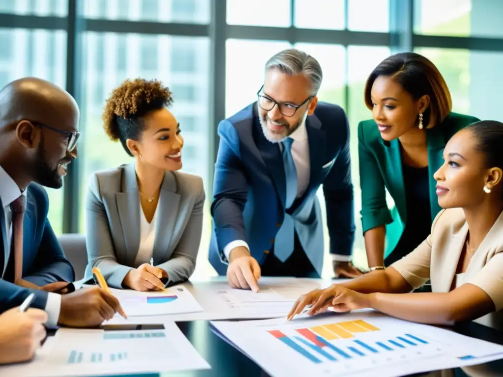 Profesionales de finanzas y ONGs discuten estrategias de sostenibilidad con gráficos en una mesa iluminada