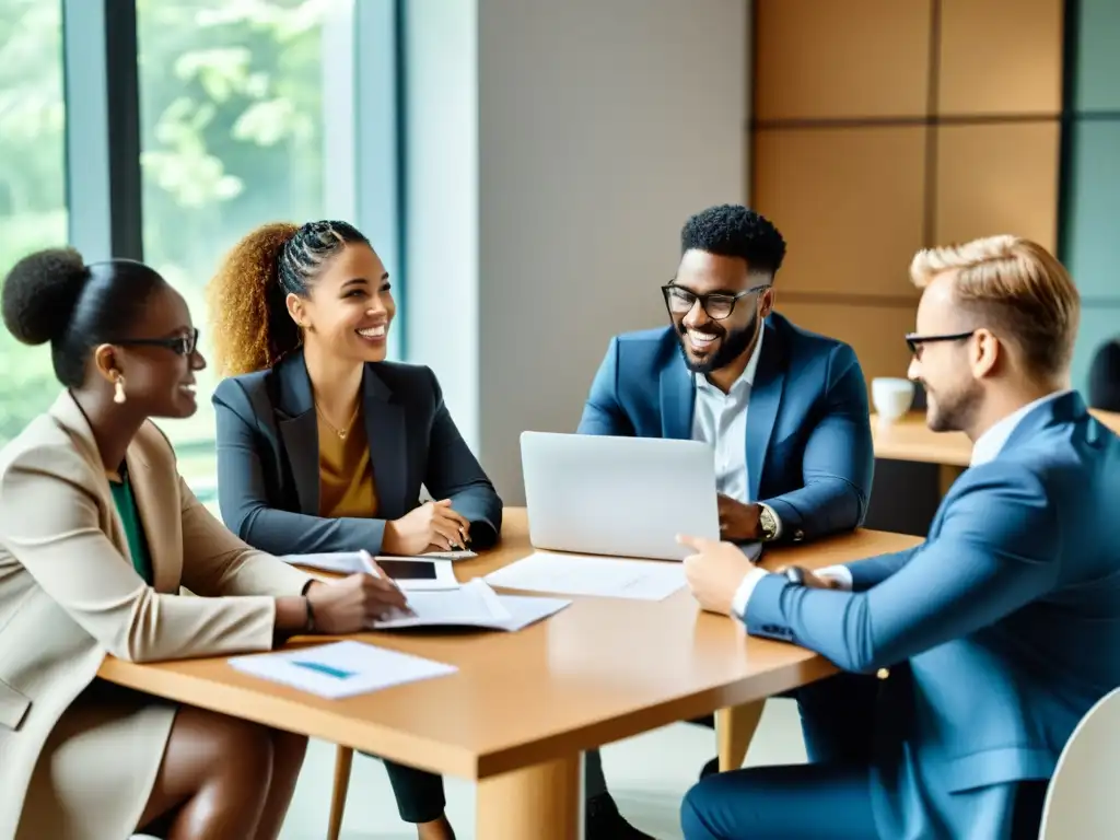 Profesionales diversos colaborando en la gestión de conocimiento para ONGs, en una atmósfera de intercambio de ideas y trabajo en equipo