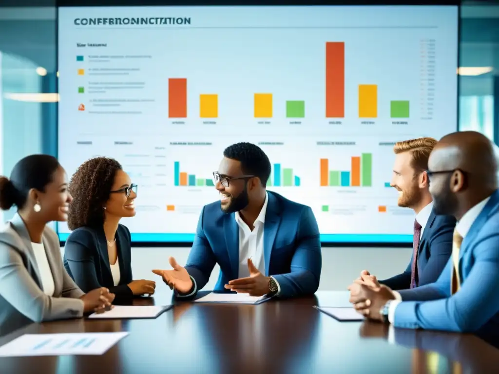 Profesionales debatiendo ideas frente a gráficos