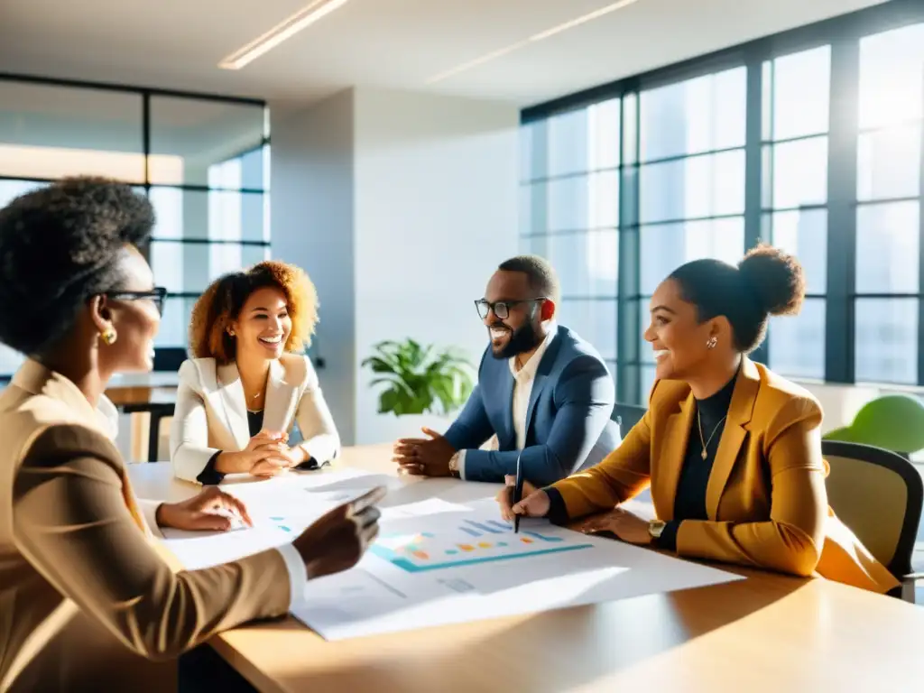 Equipo diverso colaborando en la oficina moderna Profesionales discuten ideas en una oficina moderna