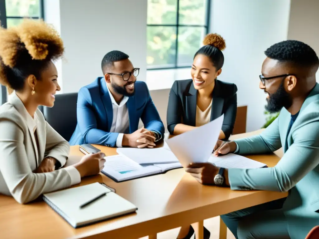 Profesionales colaborando en una mesa con laptops y papeles