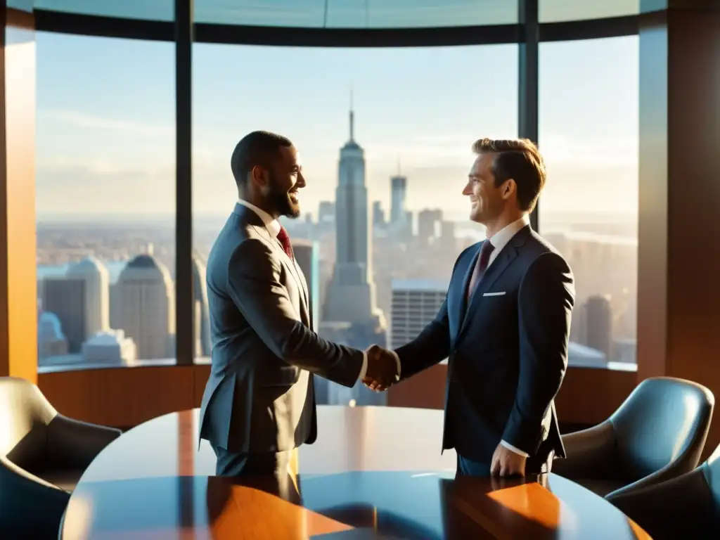 Profesionales de negocios firmando acuerdo con vista a la ciudad